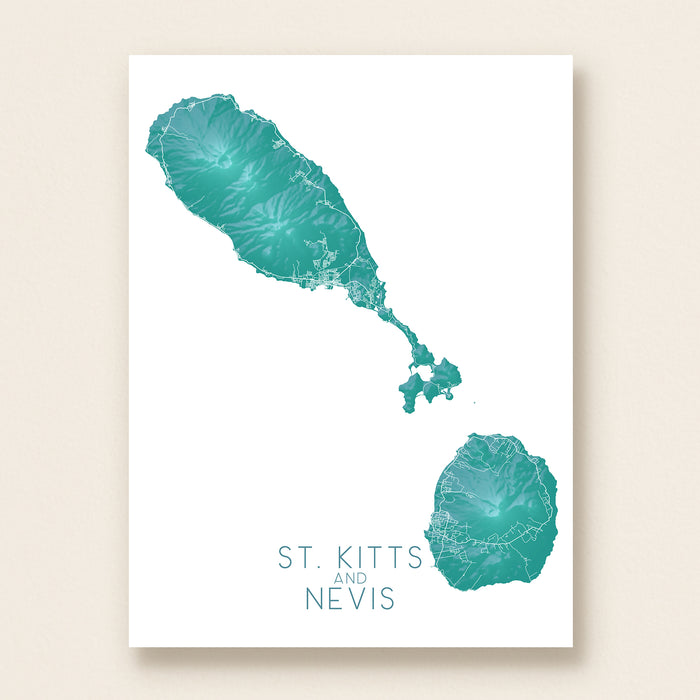 Map of St. Kitts and Nevis in teal on a white background