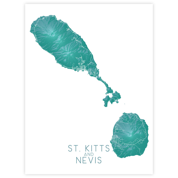 Map of St. Kitts and Nevis in teal on a white background