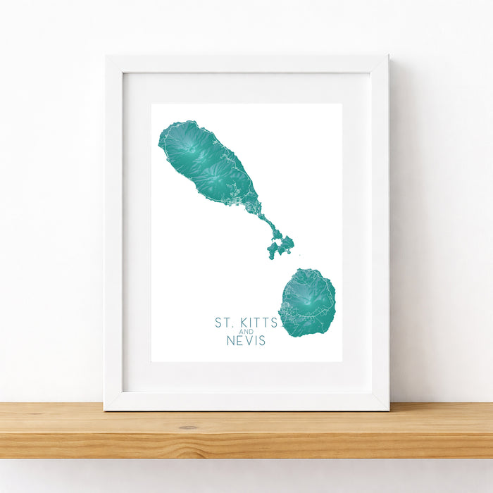 Framed map of St. Kitts and Nevis on a white background