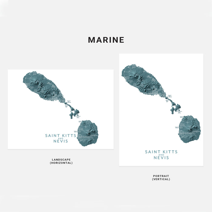 Two maps of Saint Kitts and Nevis in teal color on a white background with 'Marine' text above.