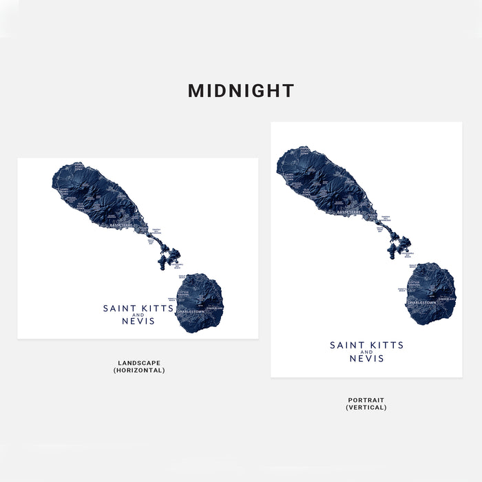 Two map designs of Saint Kitts and Nevis labeled 'Landscape' and 'Portrait' on a white background.