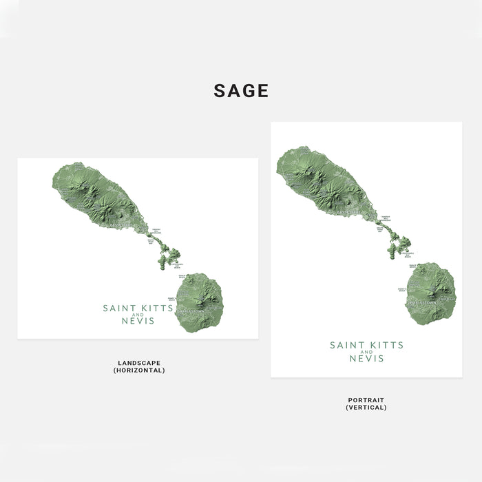 Two green maps of Saint Kitts and Nevis on a white background with 'SAGE' branding.