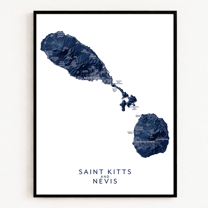 Map of Saint Kitts and Nevis in blue on a white background
