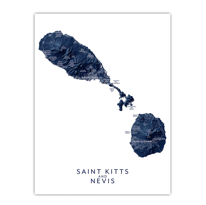 Map of Saint Kitts and Nevis with topographic details on a white background