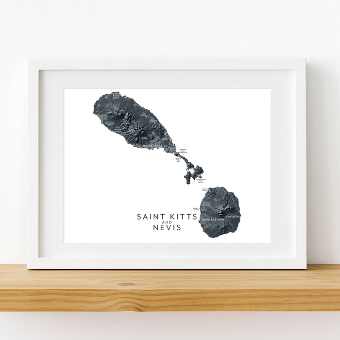 Framed map of Saint Kitts and Nevis on a white background