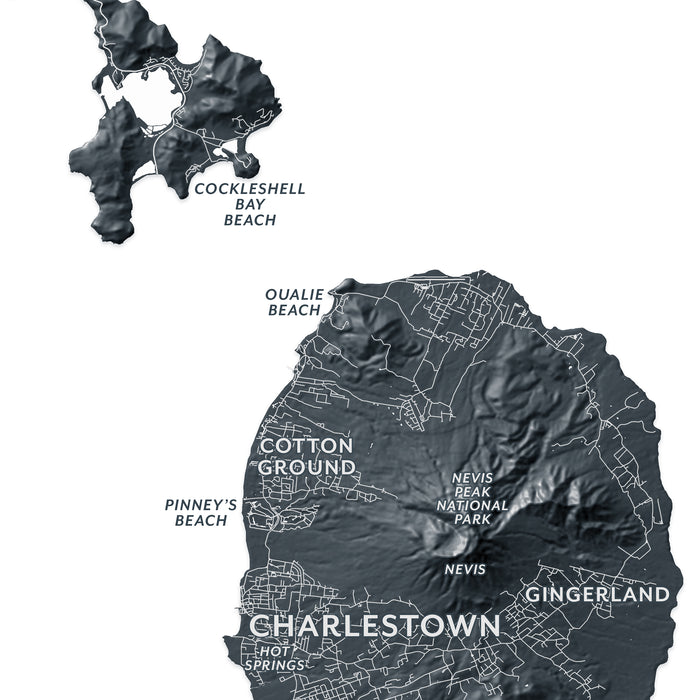 Map of Nevis with labeled locations on a white background