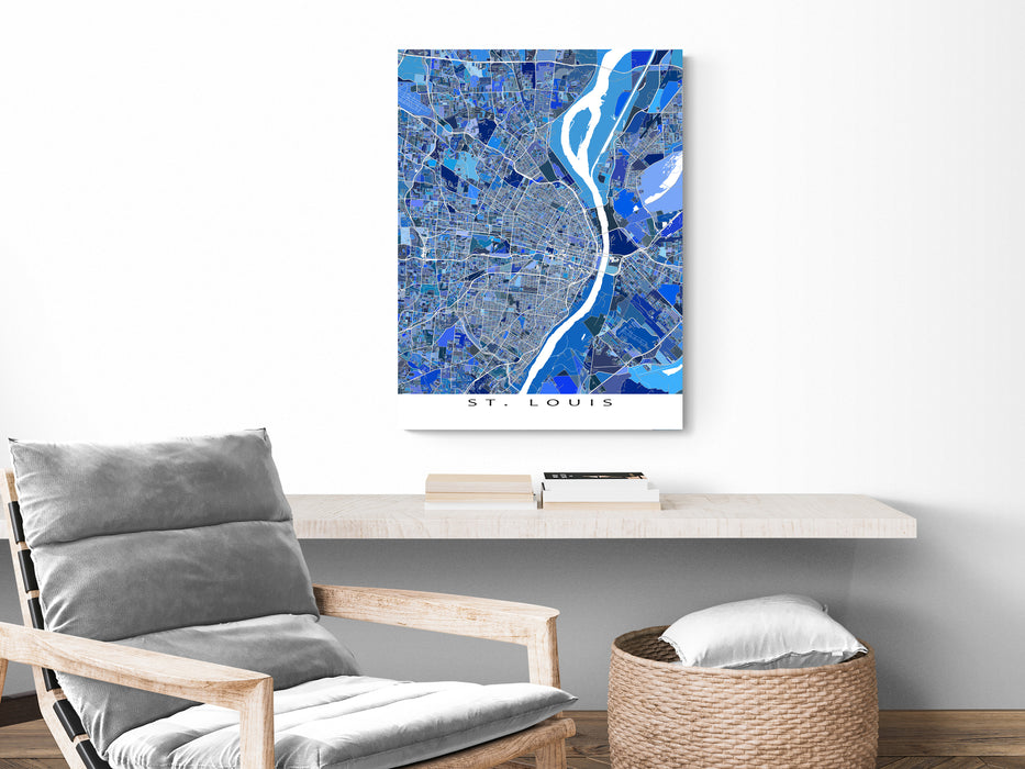 St. Louis, Missouri map art print in blue shapes designed by Maps As Art.