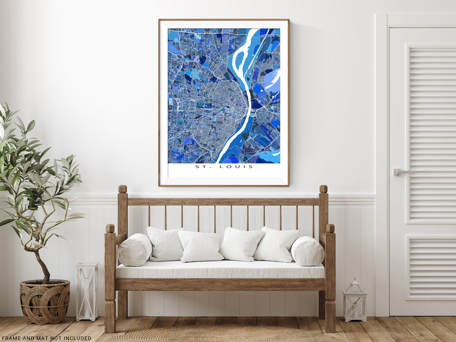 St. Louis, Missouri map art print in blue shapes designed by Maps As Art.