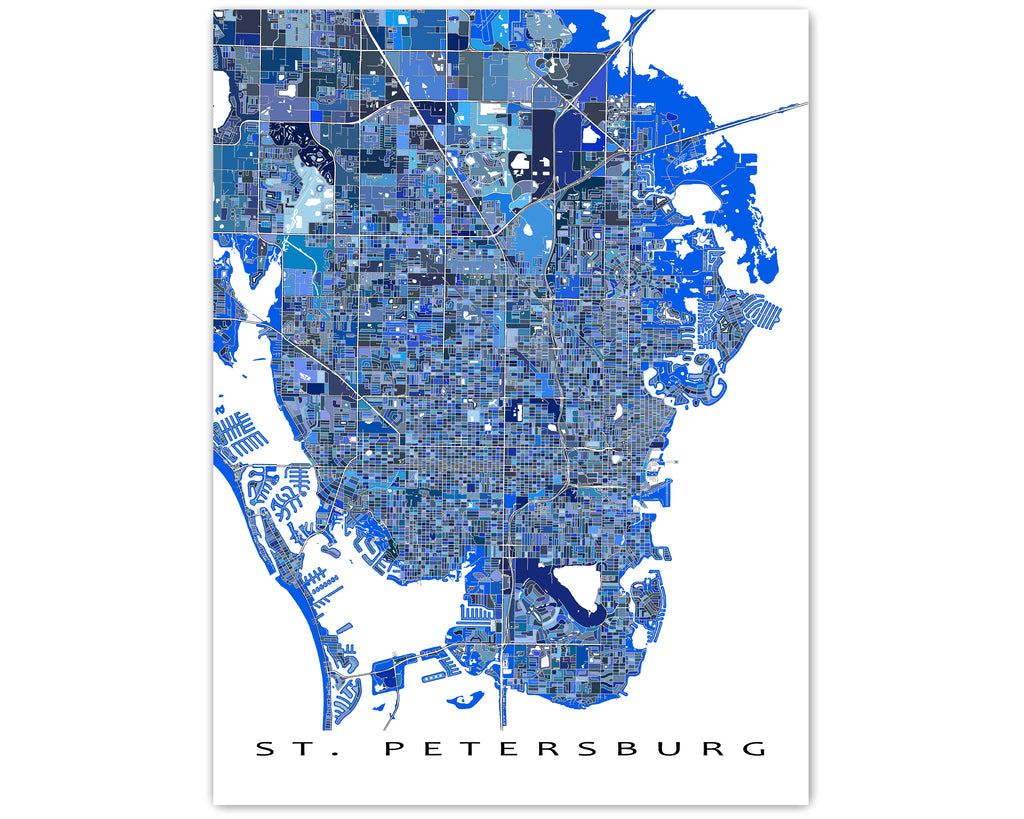 St Petersburg Map Print Poster, Blue Geometric Saint Petersburg Florida USA  City Street Wall Art Prints, image size:1024x819