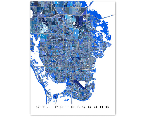 St. Petersburg, Florida map art print in blue shapes designed by Maps As Art.