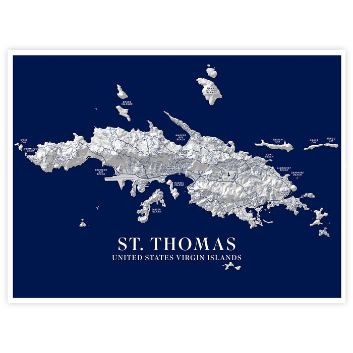Map of St. Thomas, United States Virgin Islands on a blue background