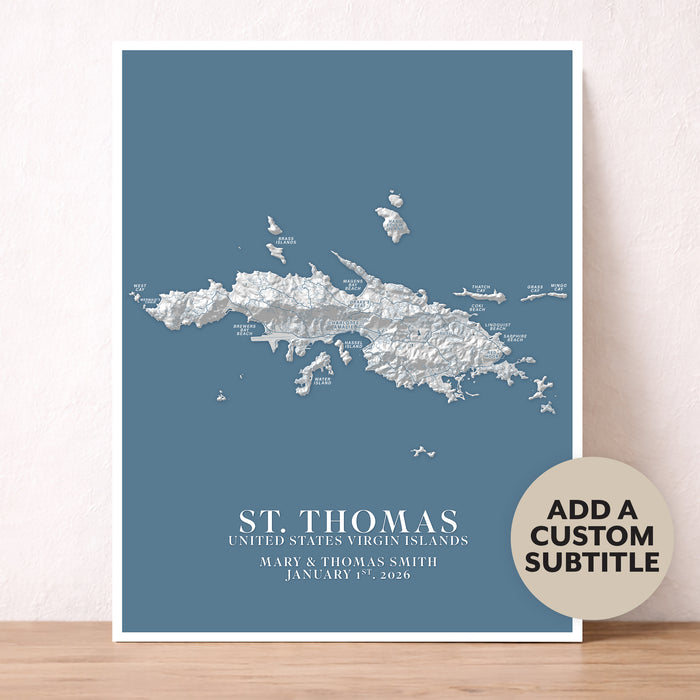Map of St. Thomas, US Virgin Islands on a blue background with a customizable subtitle.