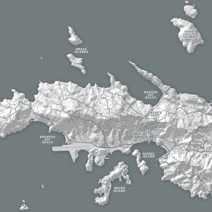 Topographic map of a coastal area with various islands and landmarks labeled.