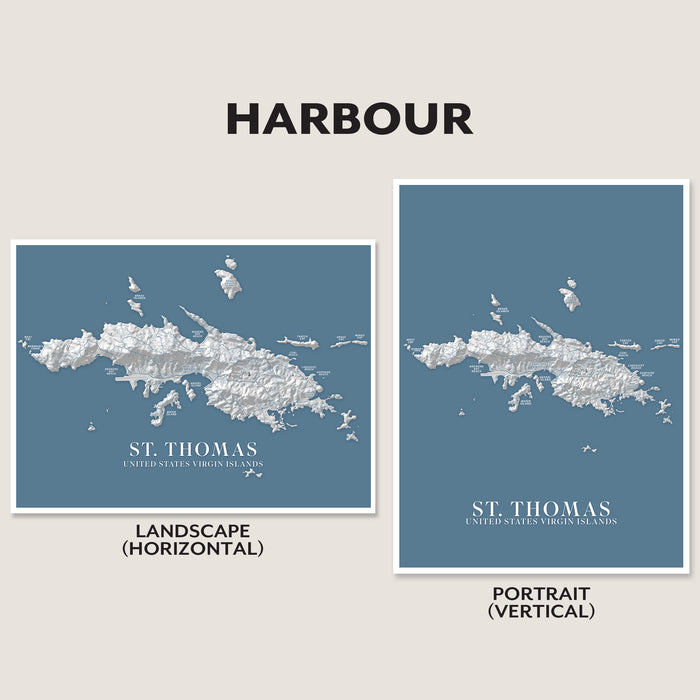Two map prints of St. Thomas, US Virgin Islands, one landscape and one portrait, on a light gray background.