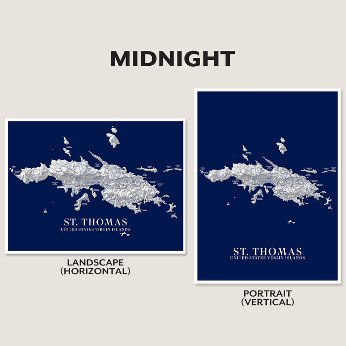 Two map prints of St. Thomas, US Virgin Islands, one landscape and one portrait, on a light gray background.
