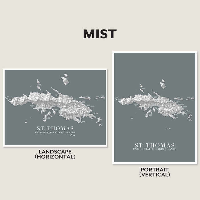 Two map prints of St. Thomas, US Virgin Islands, one landscape and one portrait, on a light gray background.