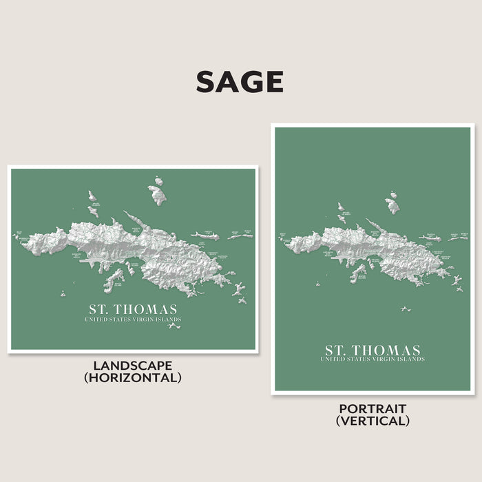 Two green maps of St. Thomas, US Virgin Islands, one landscape and one portrait, on a beige background with 'SAGE' branding.