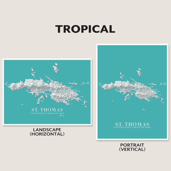 Two maps of St. Thomas, USVI, one in landscape and one in portrait orientation, on a light gray background with 'Tropical' text above.