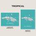 Two maps of St. Thomas, USVI, one in landscape and one in portrait orientation, on a light gray background with 'Tropical' text above.