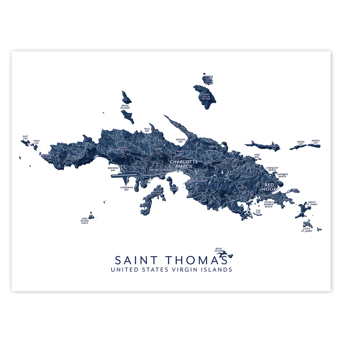 St Thomas USVI Topographic Map Print: Virgin Island Wall Art Poster ...