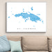 Framed map of St. Thomas on a wall above a beige sofa with light blue pillows.