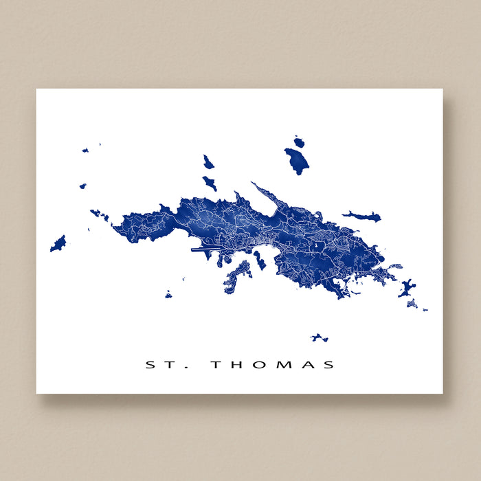 Map of St. Thomas in blue on a white background