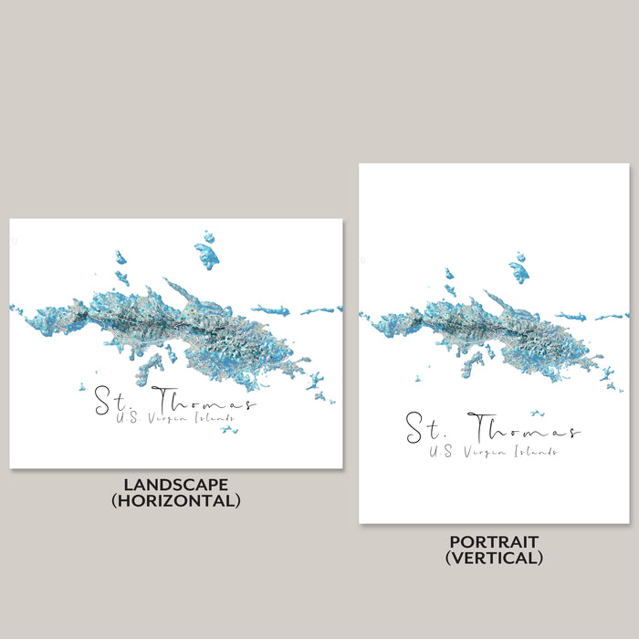 Two maps of St. Thomas, US Virgin Islands, one in landscape and one in portrait orientation on a gray background.