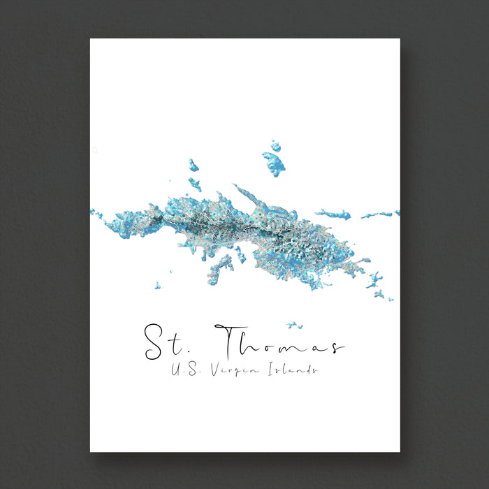 Map of St. Thomas, U.S. Virgin Islands with blue watercolor design on a white background