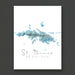 Map of St. Thomas, U.S. Virgin Islands with blue watercolor design on a white background