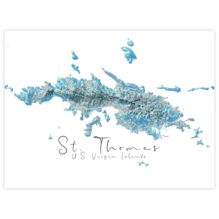 Map of St. Thomas, U.S. Virgin Islands with a blue and silver glittery texture on a white background.