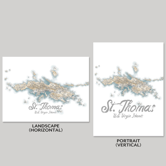 Two maps of St. Thomas, U.S. Virgin Islands, one in landscape and one in portrait orientation on a gray background.
