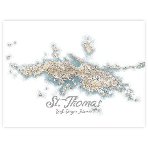 Topographic map of St. Thomas, U.S. Virgin Islands with a light brown and blue color scheme.