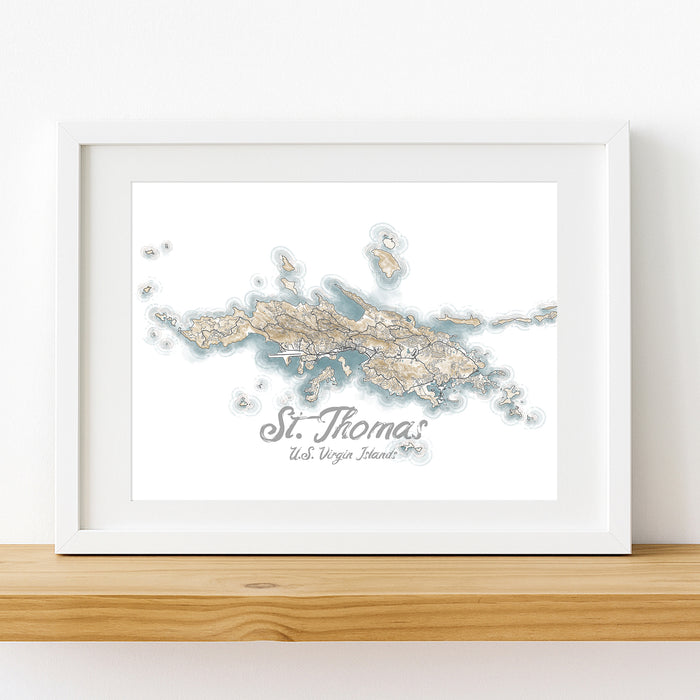 Framed map of St. Thomas, U.S. Virgin Islands on a white background