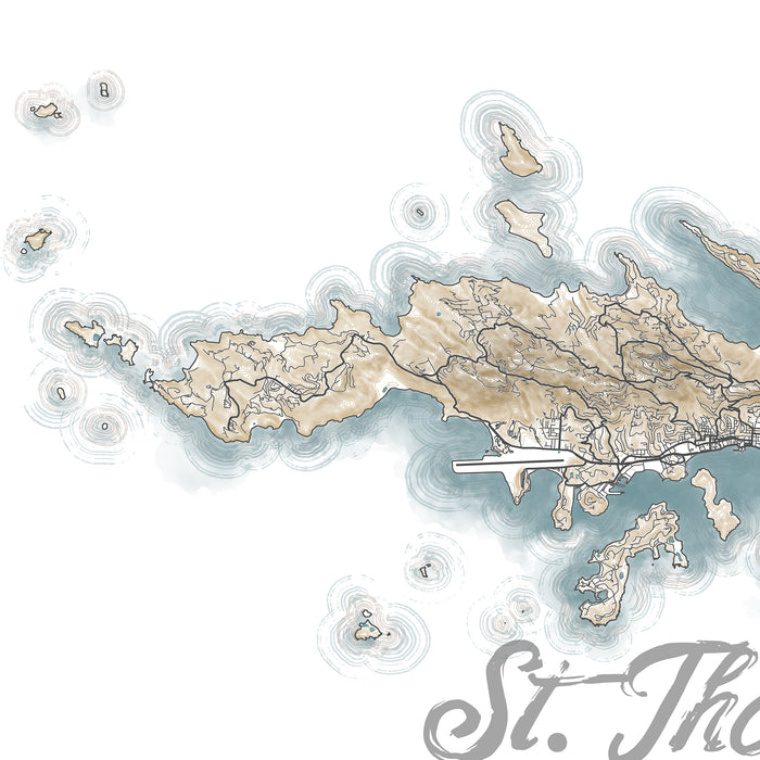 Topographic map of an island with 'St. Thomas' labeled