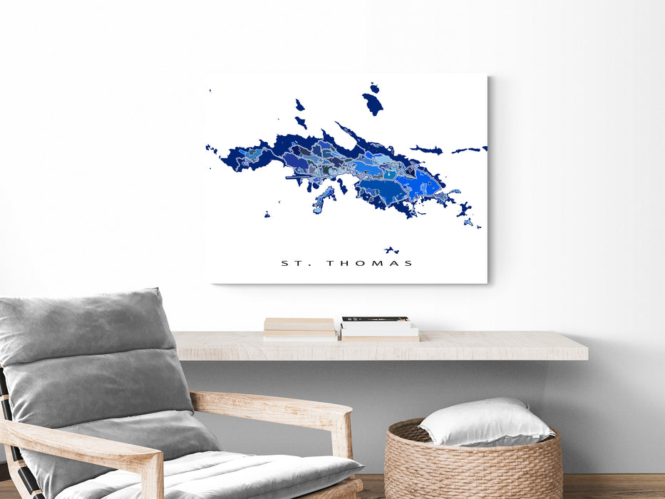 St Thomas map print in a blue shapes design by Maps As Art.