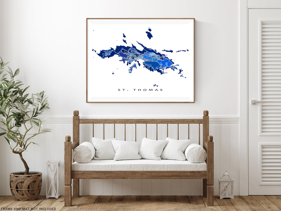 St Thomas map print in a blue shapes design by Maps As Art.