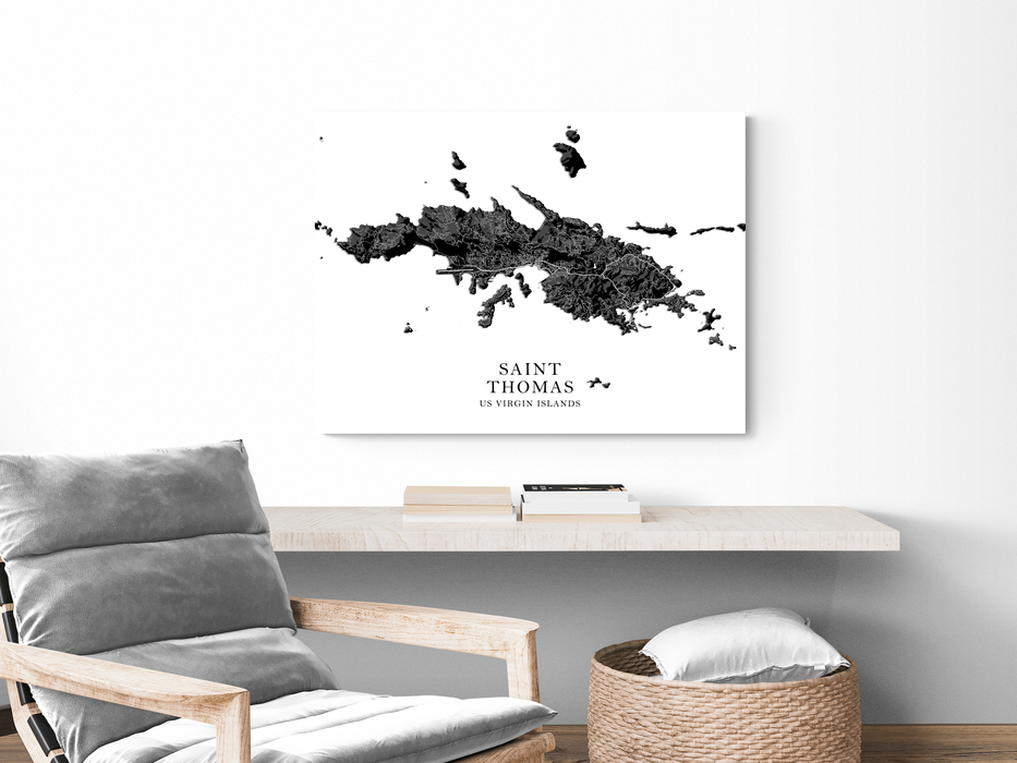 Saint Thomas, US Virgin Islands map print with a black and white 3D topographic landscape design by Maps As Art.