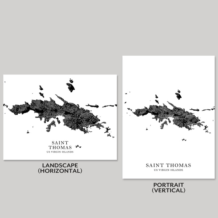 Two black and white maps of Saint Thomas, US Virgin Islands, one landscape and one portrait orientation, on a gray background.