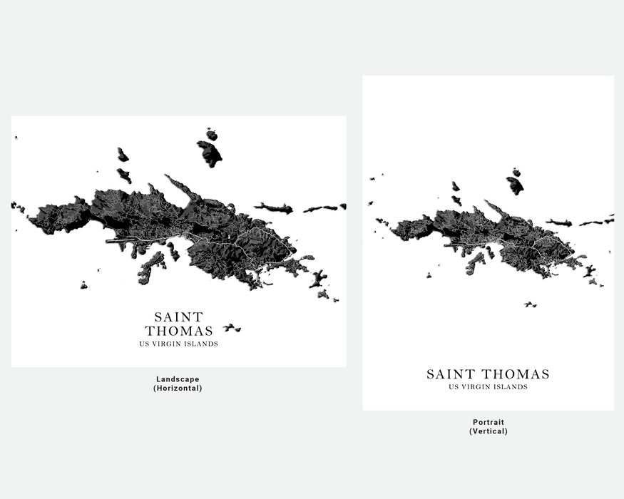 Saint Thomas, US Virgin Islands map print with a black and white 3D topographic landscape design by Maps As Art.