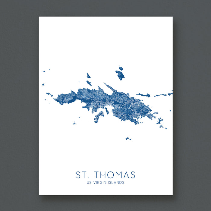 Map of St. Thomas, US Virgin Islands on a white background with blue coloring.