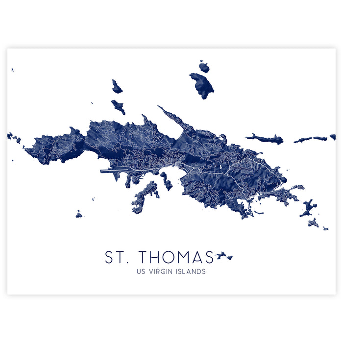 Map of St. Thomas, US Virgin Islands in blue on a white background