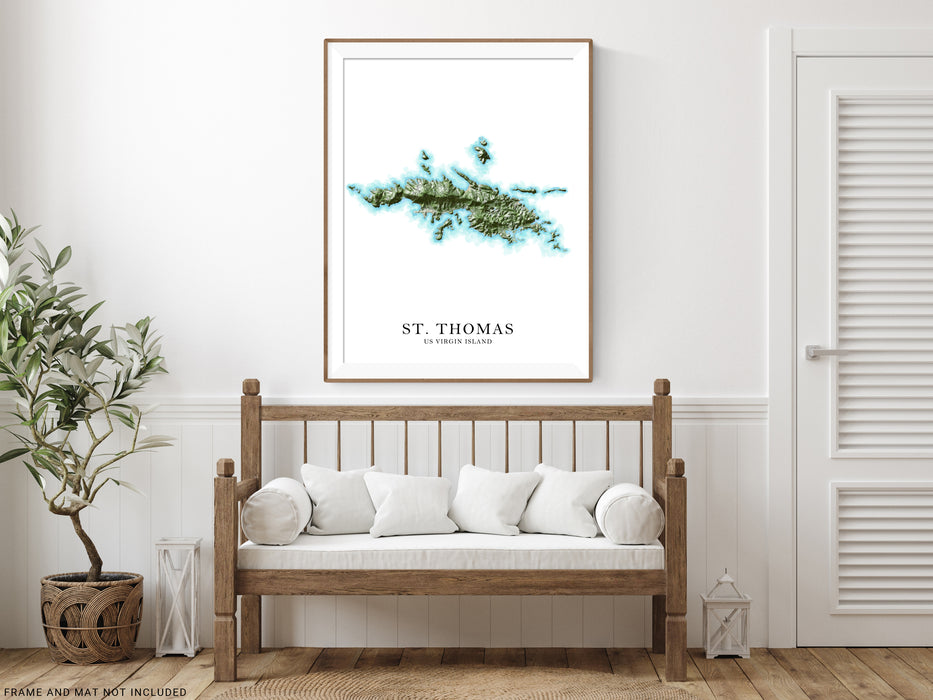 St. Thomas, US Virgin Islands map print poster with a watercolour style design, main island roads and topographic landscape features by Maps As Art.