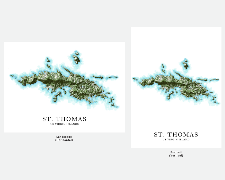 St. Thomas, US Virgin Islands map print poster with a watercolour style design, main island roads and topographic landscape features by Maps As Art.