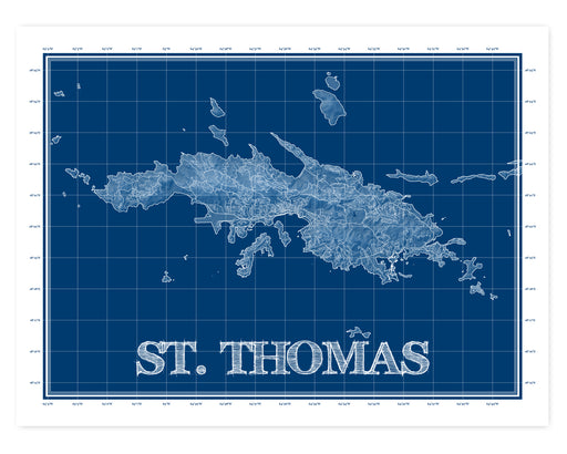 St. Thomas, USVI blueprint map art print designed by Maps As Art.