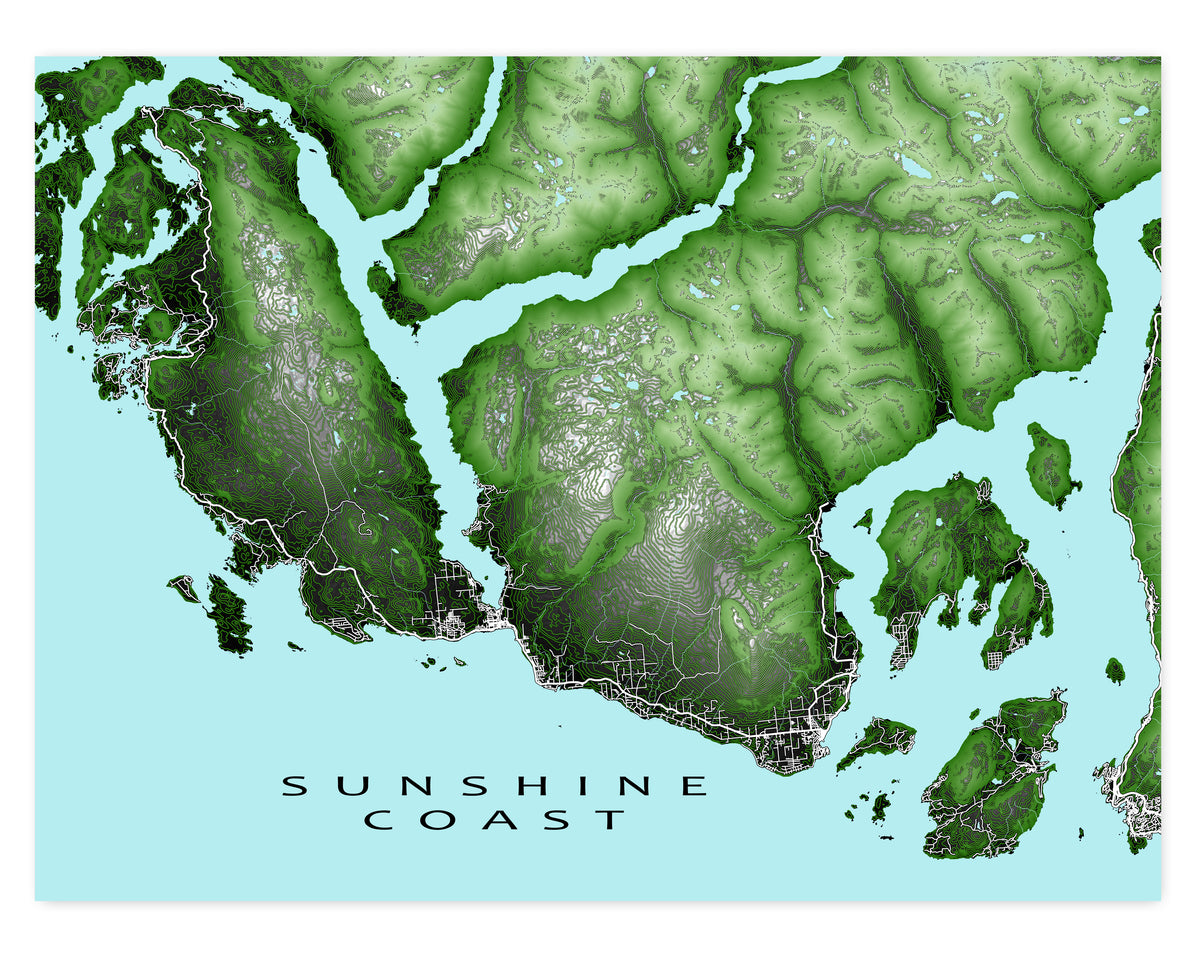 Sunshine Coast BC Canada Topographic Contour Map Wall Art Print Poster ...
