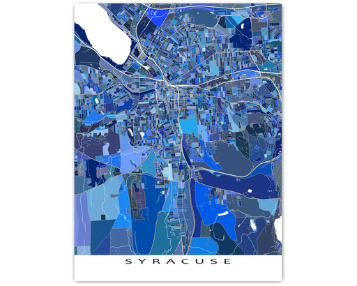 Syracuse, New York map art print in blue shapes designed by Maps As Art.