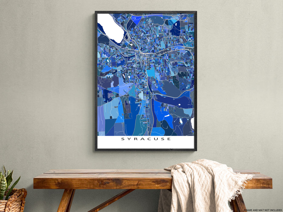 Syracuse, New York map art print in blue shapes designed by Maps As Art.