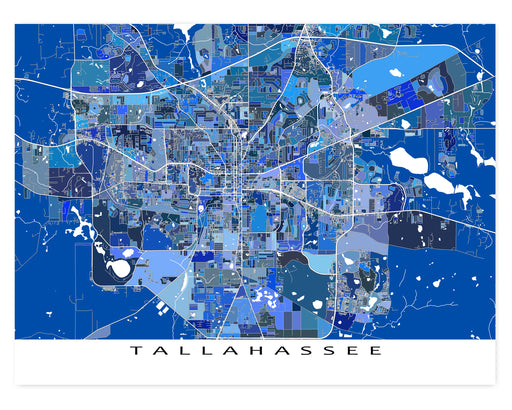 Tallahassee, Florida map art print in blue shapes designed by Maps As Art.