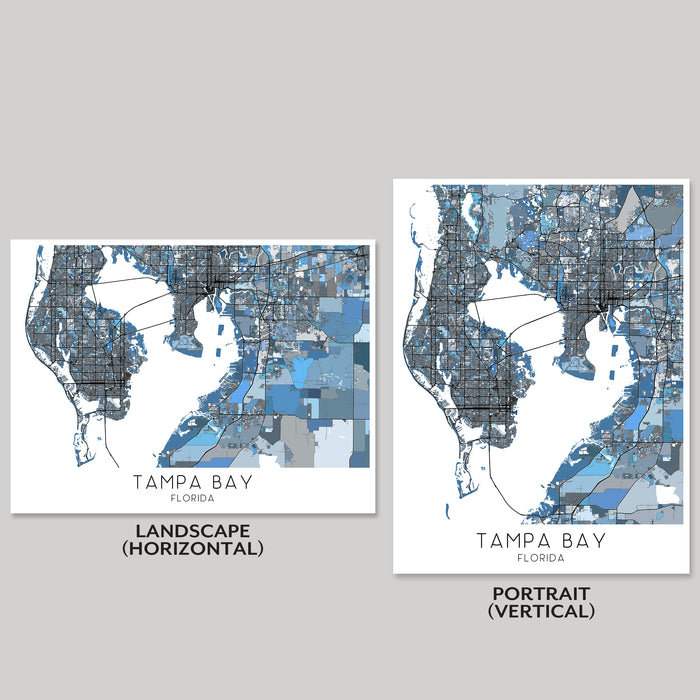 Two maps of Tampa Bay, Florida, one in landscape and one in portrait orientation, on a gray background.