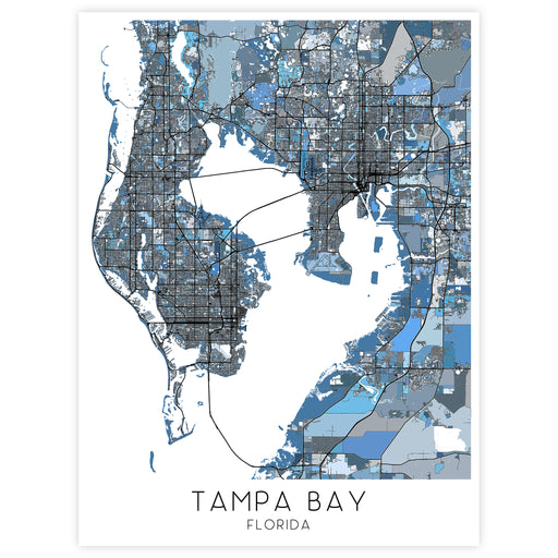 Map of Tampa Bay, Florida with a blue and gray color scheme on a white background.